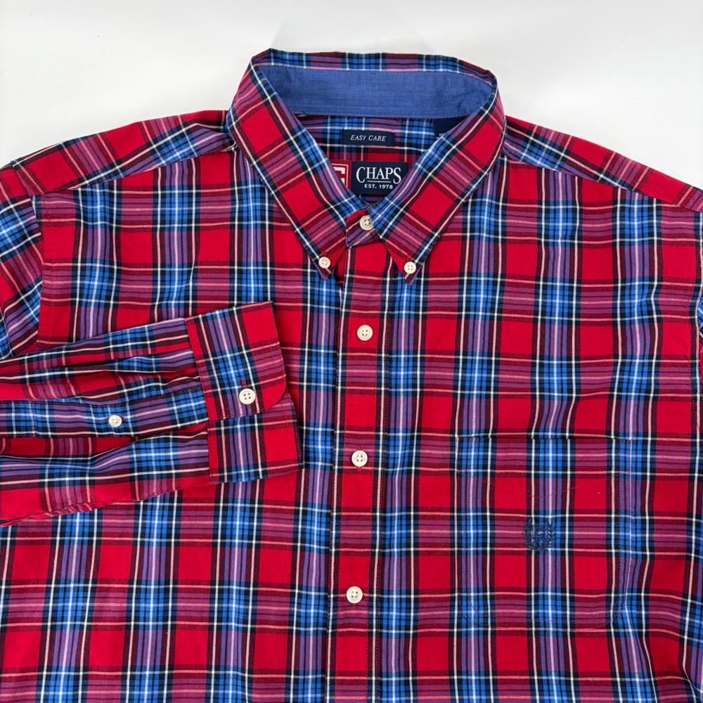 Chaps Mens XL Red Blue Plaid Long Sleeve Button Down Easy Care Shirt Gingham
